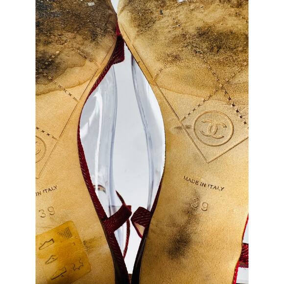 Vintage Chanel Red Canvas Sandals Heels IT 39  Grommet Ankle Strap CC Logo - Picture 6 of 12